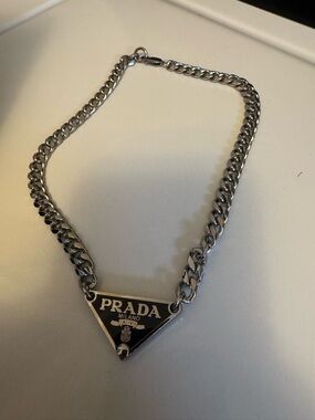 Prada Black Enamel Triangle Logo Necklace with Silver Chain
